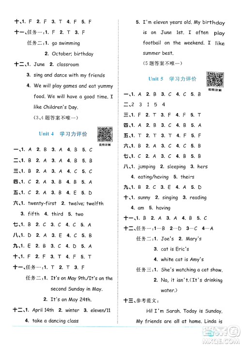 江西教育出版社2024年春阳光同学课时优化作业五年级英语下册人教版广东专版答案