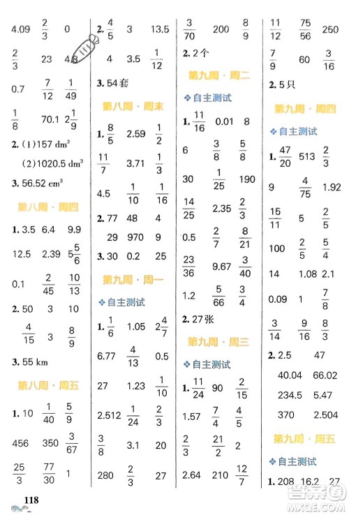 辽宁教育出版社2024年春小学学霸天天计算六年级数学下册人教版广东专版参考答案