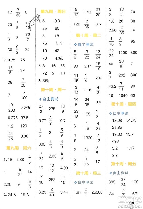 辽宁教育出版社2024年春小学学霸天天计算六年级数学下册人教版广东专版参考答案