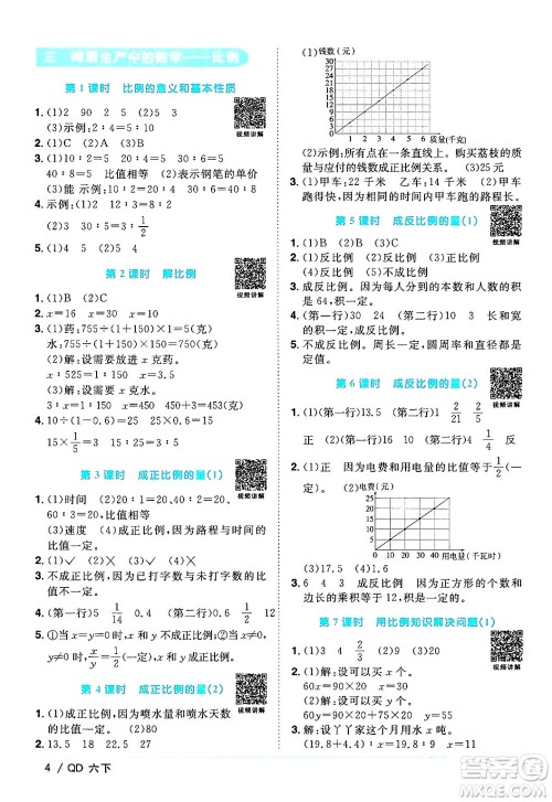 江西教育出版社2024年春阳光同学课时优化作业六年级数学下册青岛版答案