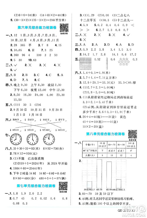 江西教育出版社2024年春阳光同学课时优化作业三年级数学下册青岛版山东专版答案