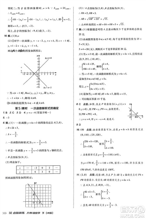 吉林教育出版社2024年春荣德基点拨训练八年级数学下册人教版参考答案