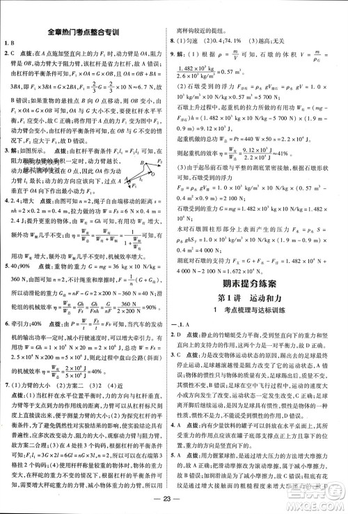 吉林教育出版社2024年春荣德基点拨训练八年级物理下册人教版参考答案