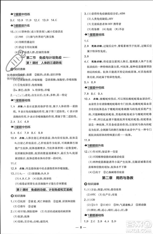 吉林教育出版社2024年春荣德基点拨训练八年级生物下册人教版参考答案