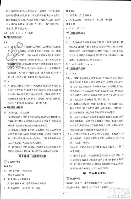 吉林教育出版社2024年春荣德基点拨训练八年级道德与法治下册人教版参考答案