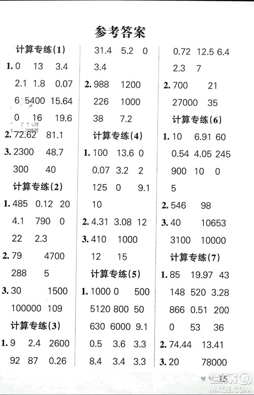 辽宁教育出版社2024年春小学学霸天天计算四年级数学下册人教版广东专版参考答案