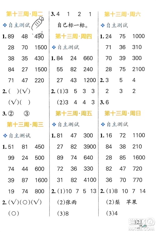 辽宁教育出版社2024年春小学学霸天天计算二年级数学下册苏教版参考答案