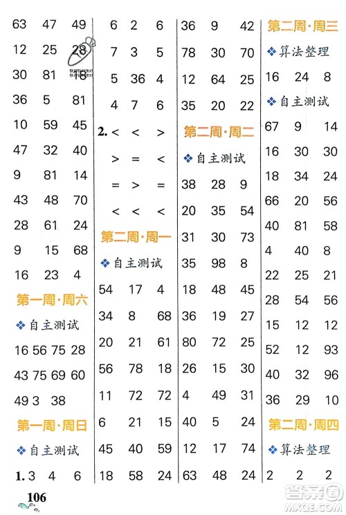 辽宁教育出版社2024年春小学学霸天天计算二年级数学下册人教版广东专版参考答案