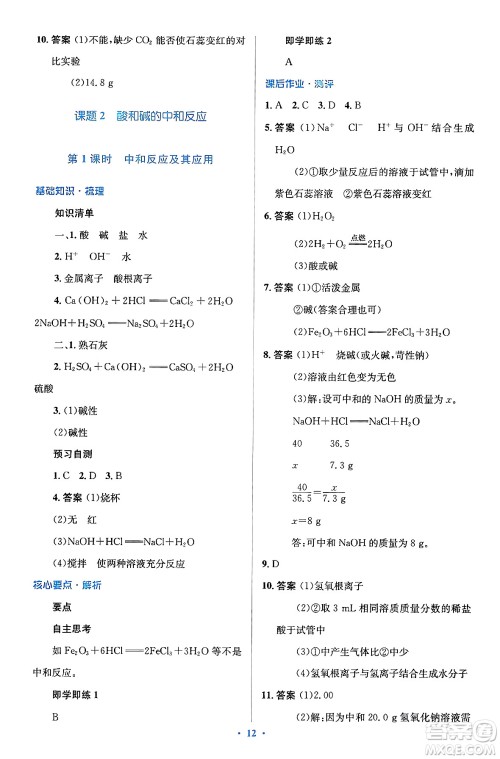 人民教育出版社2024年春人教金学典同步解析与测评学考练九年级化学下册人教版广东专版答案