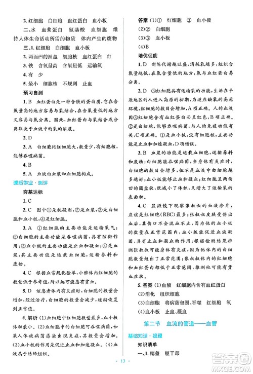 人民教育出版社2024年春人教金学典同步解析与测评学考练七年级生物下册人教版答案