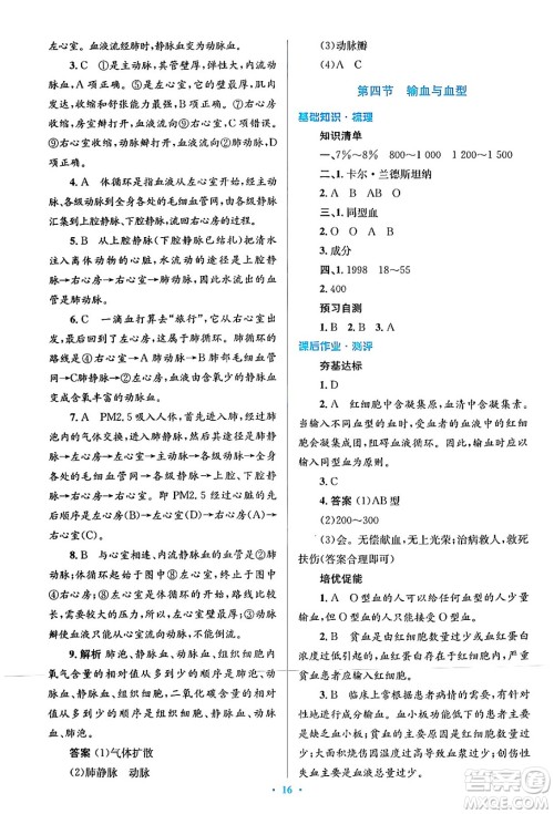 人民教育出版社2024年春人教金学典同步解析与测评学考练七年级生物下册人教版答案