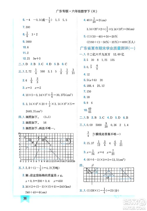 龙门书局2024年春黄冈小状元作业本六年级数学下册人教版广东专版答案