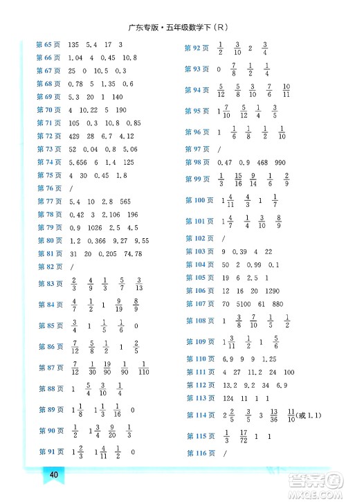 龙门书局2024年春黄冈小状元作业本五年级数学下册人教版广东专版答案