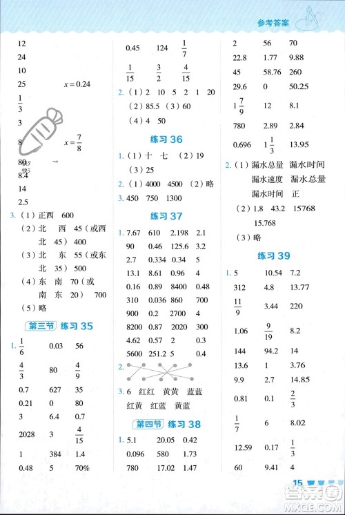 安徽教育出版社2024年春荣德基星级口算天天练六年级数学下册冀教版参考答案