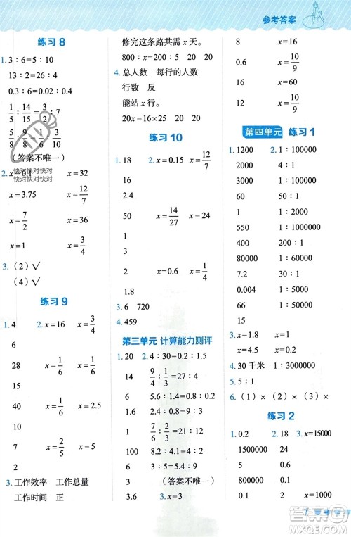 安徽教育出版社2024年春荣德基星级口算天天练六年级数学下册青岛版参考答案