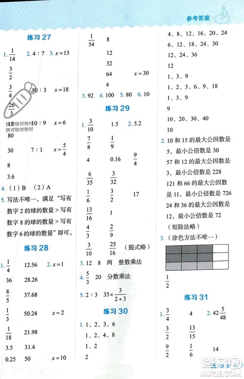 安徽教育出版社2024年春荣德基星级口算天天练六年级数学下册青岛版参考答案