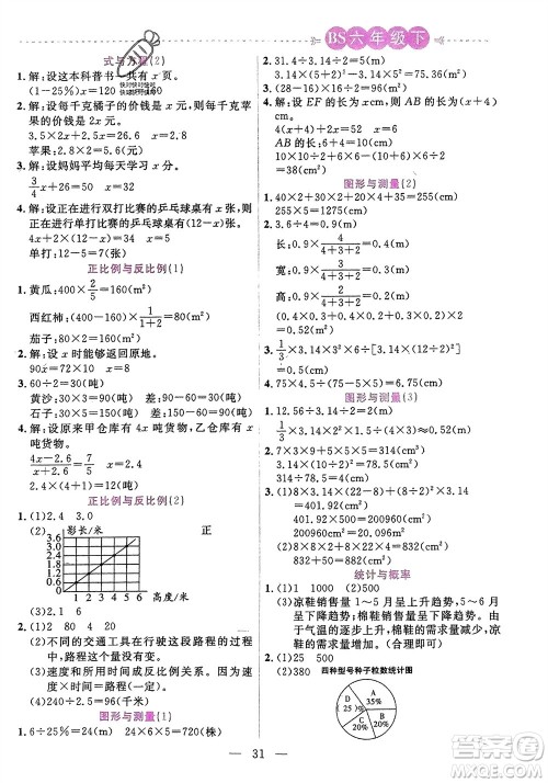 阳光出版社2024年春扬帆文化星级口算天天练六年级数学下册北师大版参考答案