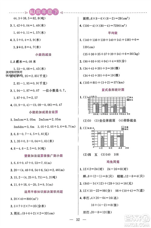 阳光出版社2024年春扬帆文化星级口算天天练四年级数学下册人教版参考答案