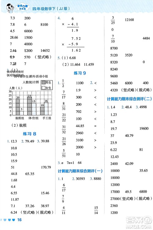 安徽教育出版社2024年春荣德基星级口算天天练四年级数学下册冀教版参考答案