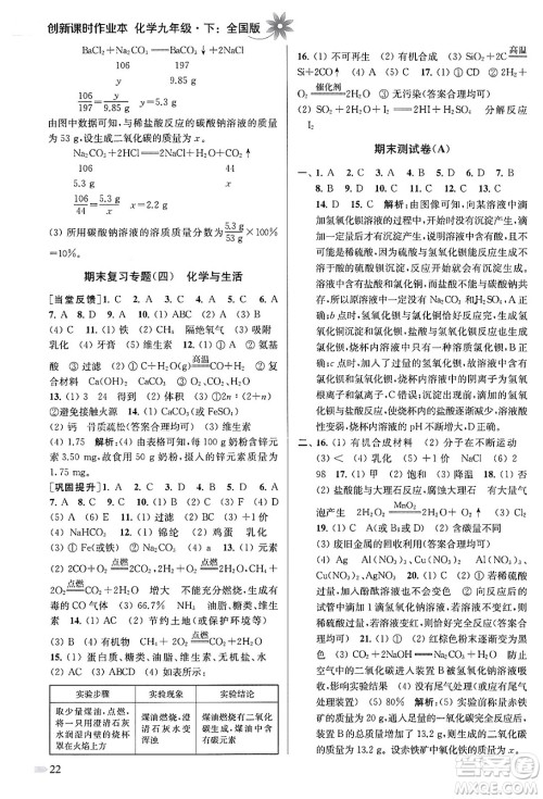 江苏凤凰美术出版社2024年春创新课时作业本九年级化学下册全国版答案