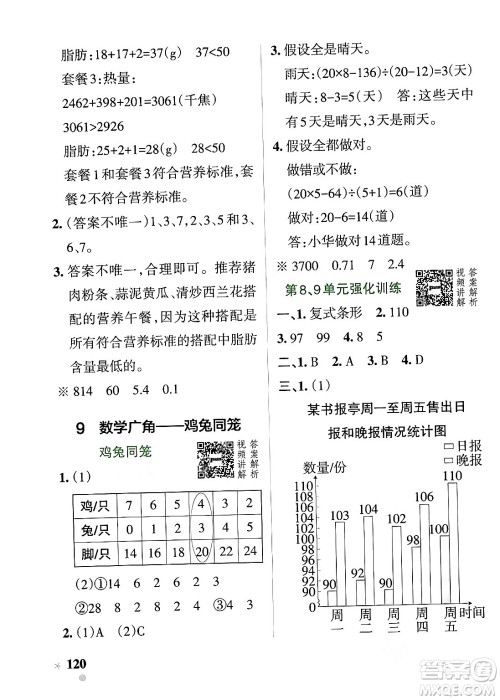 辽宁教育出版社2024年春PASS小学学霸作业本四年级数学下册人教版答案