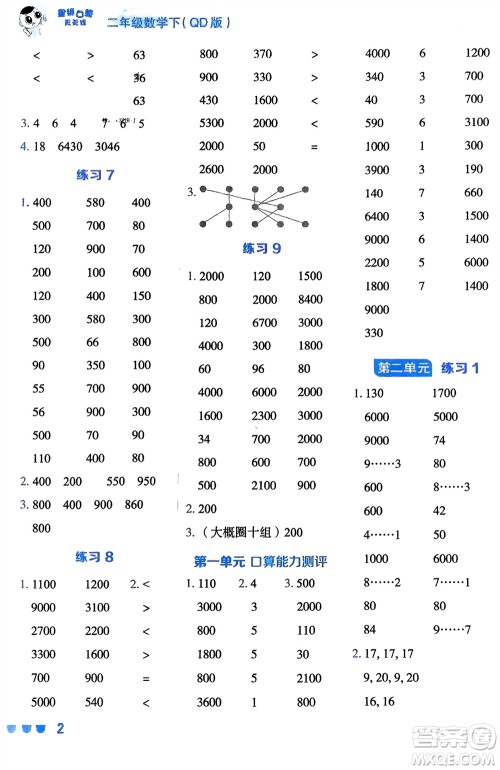安徽教育出版社2024年春荣德基星级口算天天练二年级数学下册五四学制青岛版参考答案