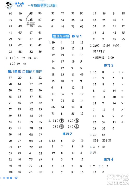 安徽教育出版社2024年春荣德基星级口算天天练一年级数学下册冀教版参考答案