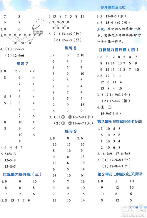 安徽教育出版社2024年春荣德基星级口算天天练一年级数学下册人教版参考答案