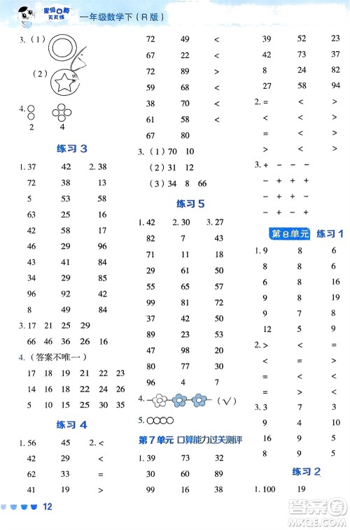 安徽教育出版社2024年春荣德基星级口算天天练一年级数学下册人教版参考答案