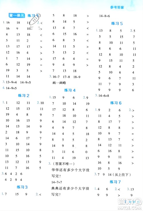 安徽教育出版社2024年春荣德基星级口算天天练一年级数学下册青岛版参考答案