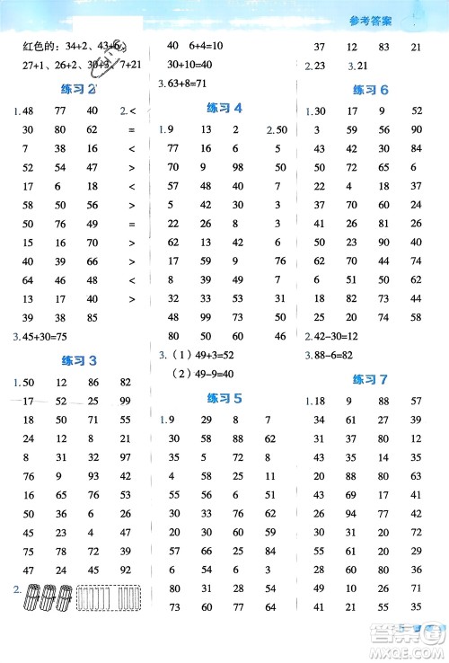 安徽教育出版社2024年春荣德基星级口算天天练一年级数学下册青岛版参考答案