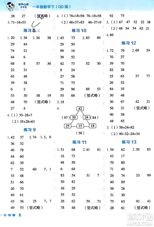 安徽教育出版社2024年春荣德基星级口算天天练一年级数学下册青岛版参考答案