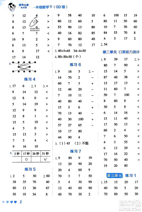 安徽教育出版社2024年春荣德基星级口算天天练一年级数学下册五四学制青岛版参考答案