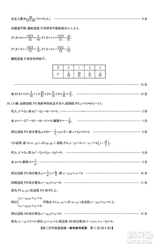 山西卓越联盟2024届高三下学期2月份开学质量检测数学试题参考答案