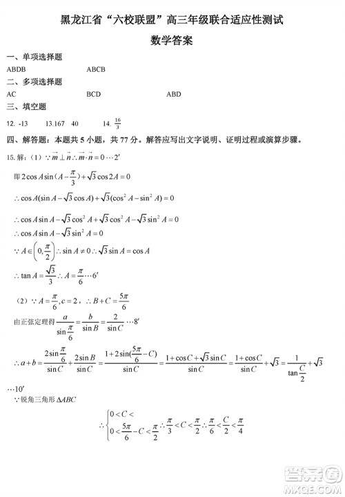 黑龙江省六校联盟2024届高三下学期联合适应性测试数学试题参考答案