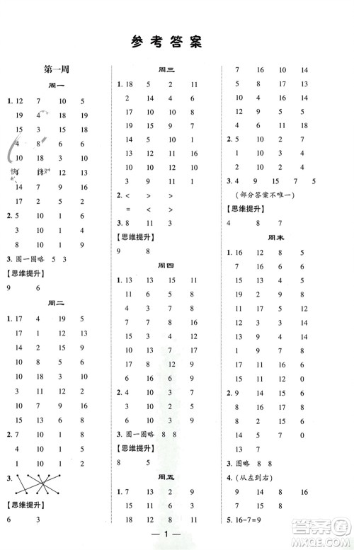 甘肃少年儿童出版社2024年春经纶学典学霸计算达人一年级数学下册青岛版参考答案