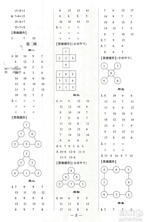 甘肃少年儿童出版社2024年春经纶学典学霸计算达人一年级数学下册青岛版参考答案