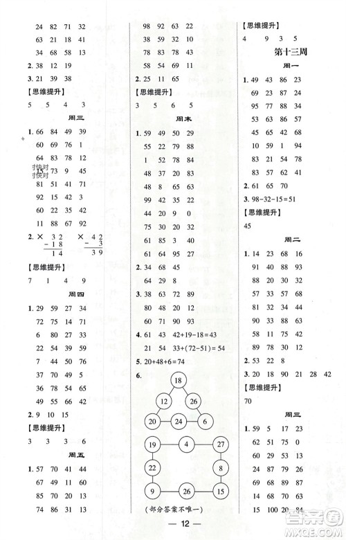 甘肃少年儿童出版社2024年春经纶学典学霸计算达人一年级数学下册青岛版参考答案