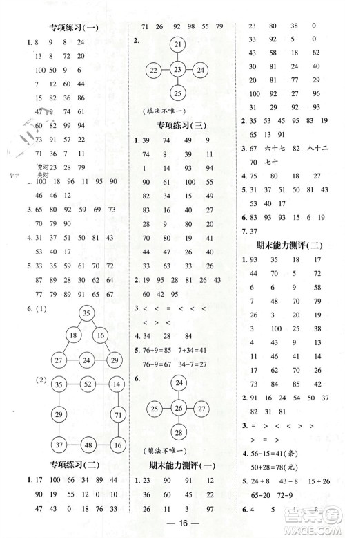 甘肃少年儿童出版社2024年春经纶学典学霸计算达人一年级数学下册青岛版参考答案