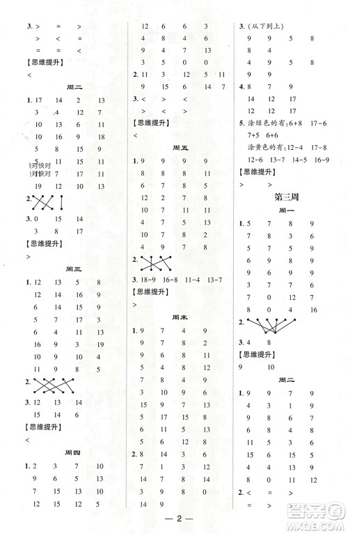 甘肃少年儿童出版社2024年春经纶学典学霸计算达人一年级数学下册人教版参考答案