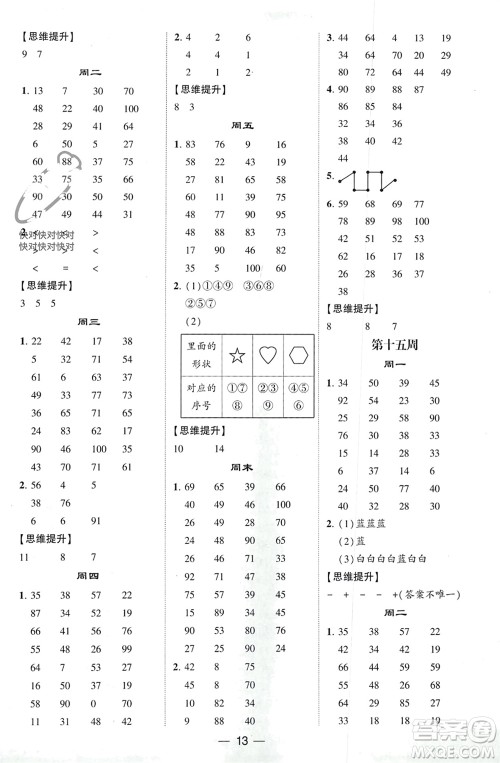 甘肃少年儿童出版社2024年春经纶学典学霸计算达人一年级数学下册人教版参考答案