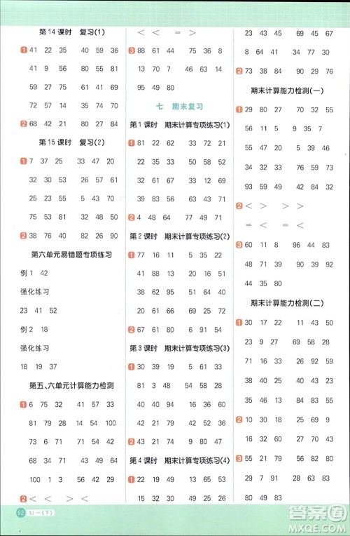 江西教育出版社2024年春阳光同学计算小达人一年级数学下册苏教版参考答案