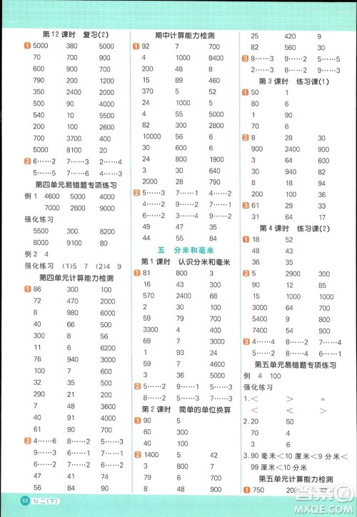 江西教育出版社2024年春阳光同学计算小达人二年级数学下册苏教版参考答案