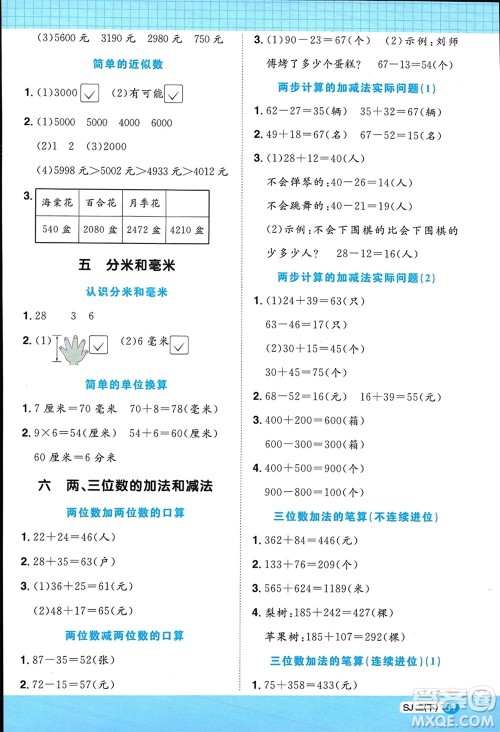 江西教育出版社2024年春阳光同学计算小达人二年级数学下册苏教版参考答案