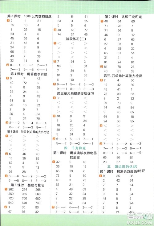 江西教育出版社2024年春阳光同学计算小达人二年级数学下册冀教版参考答案