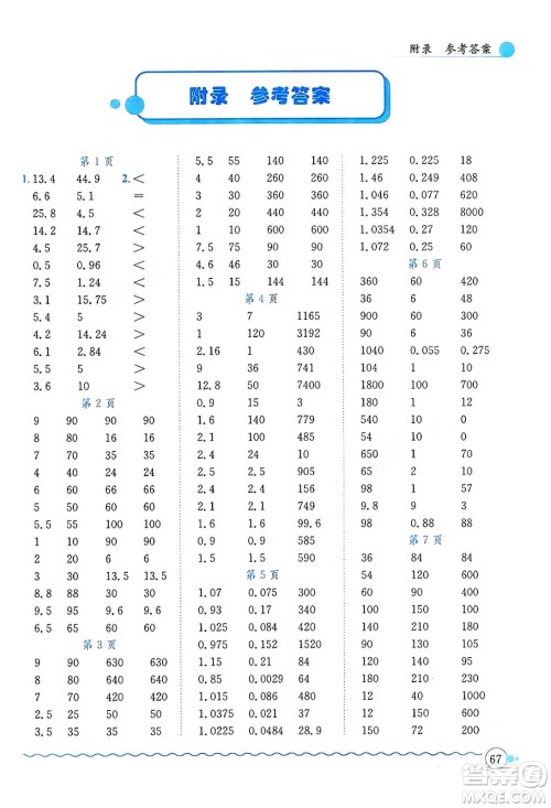 龙门书局2024年春黄冈小状元口算速算练习册六年级数学下册人教版广东专版答案