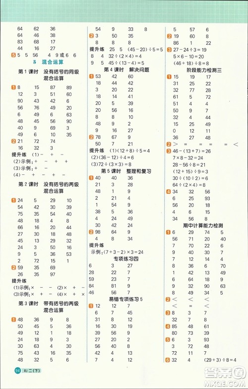 江西教育出版社2024年春阳光同学计算小达人二年级数学下册人教版参考答案