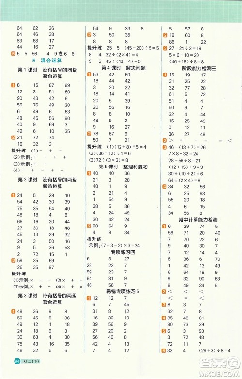 江西教育出版社2024年春阳光同学计算小达人二年级数学下册人教版参考答案