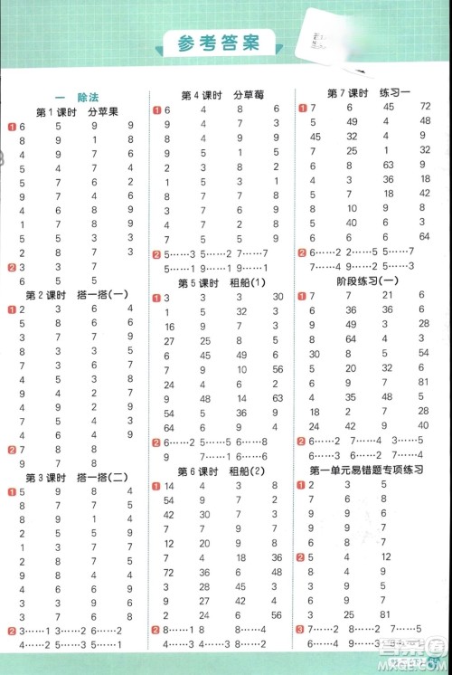 江西教育出版社2024年春阳光同学计算小达人二年级数学下册北师大版参考答案