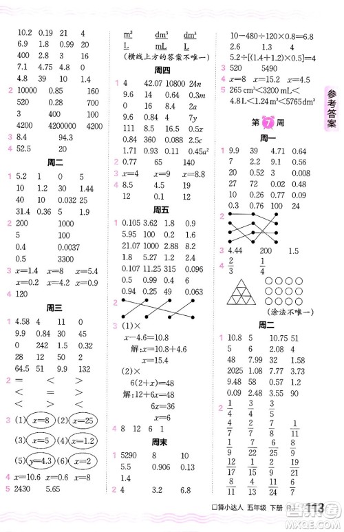 江西人民出版社2024年春王朝霞口算小达人五年级数学下册人教版答案